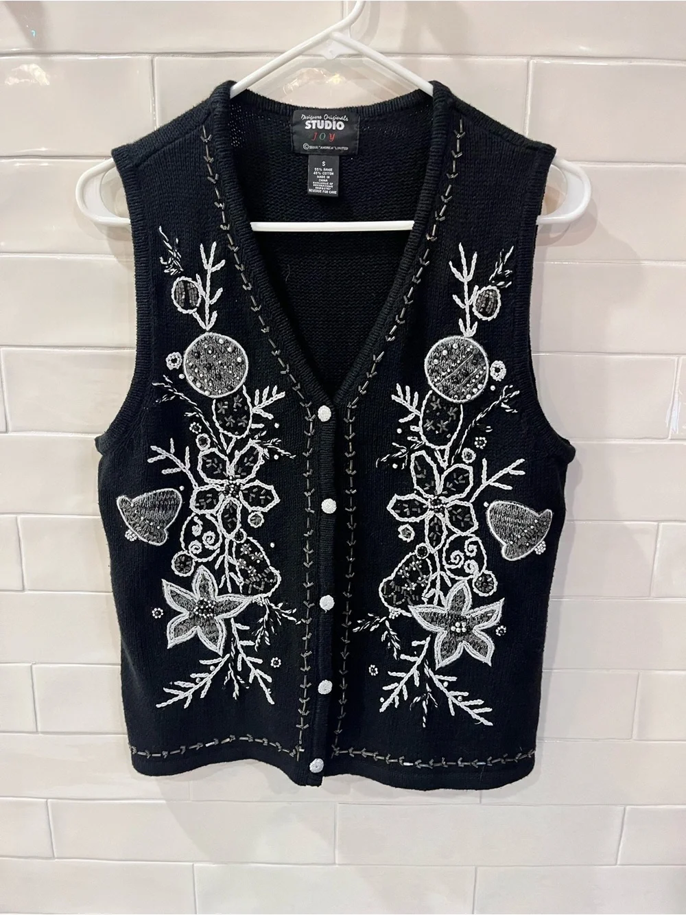 Vintage Studio Joy Christmas Sweater Vest Black & Silver Ugly Sweater Sz S